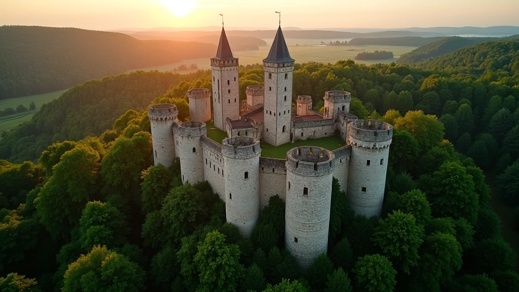 Panoramatický pohled na ruiny středověkého hradu v Českém ráji s přírodou v pozadí