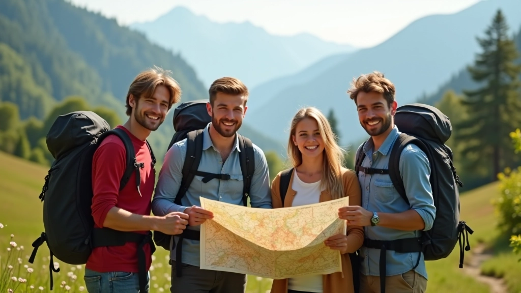 Rodina připravená na výlet s batohem, mapou a fotoaparátem, zářivý jarní den v horách
