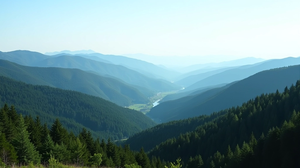 Panoramický výhled z vrcholu rozhledny na Český ráj, kopce a lesy v dálce, jasná obloha