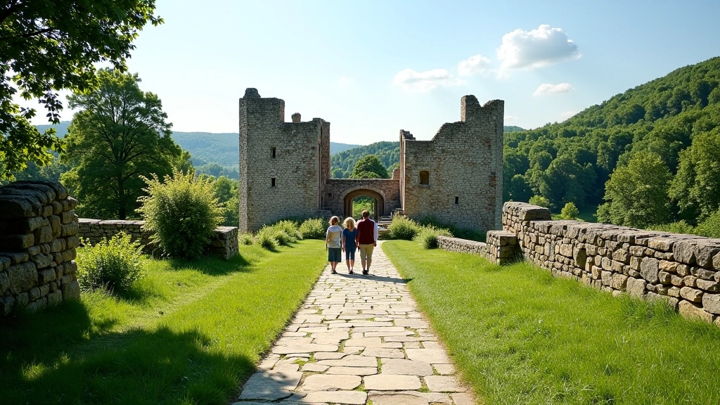 Sluneční den na ruinách hradu Trosky s turisty na terénní cestě, zelená krajina v pozadí