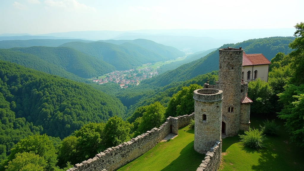 Rozhledy z vrcholu hradu Trosky na údolí Českého ráje s hustou zelení a malými vesnicemi
