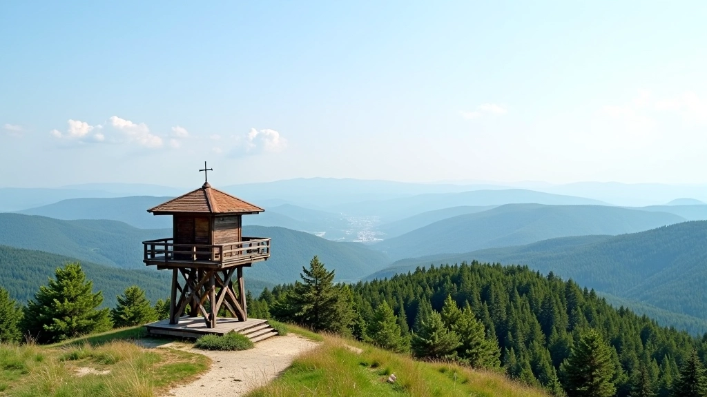 Dřevěná rozhledna na vrcholu hory s panoramovým výhledem na krajinu