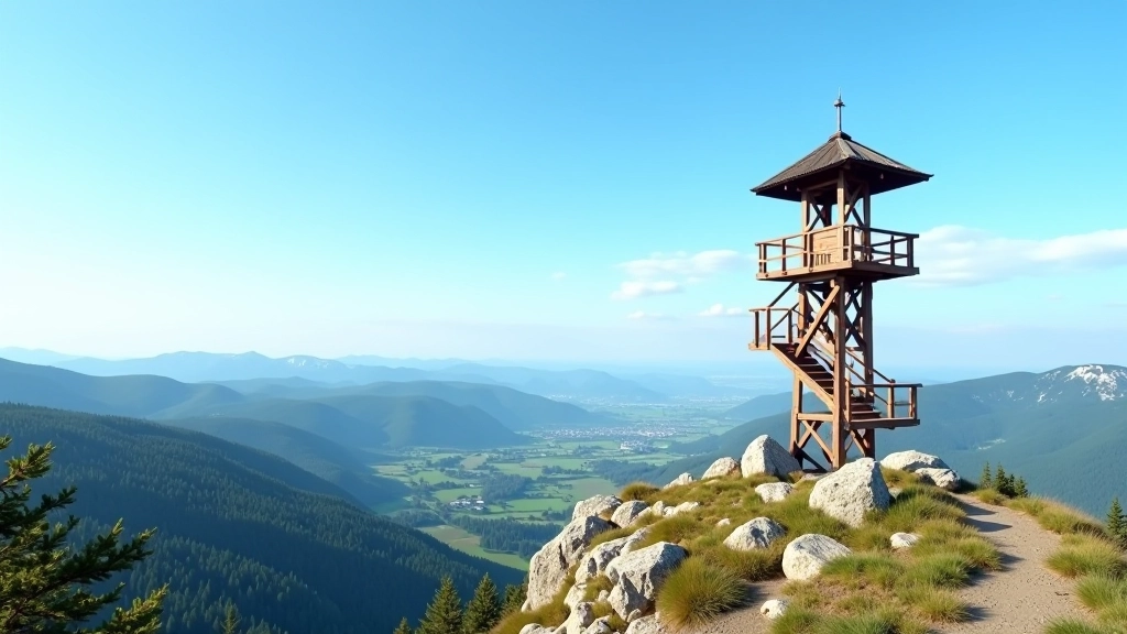 Dřevěná rozhledna na horském vrcholu s panoramovým výhledem na lesnaté údolí